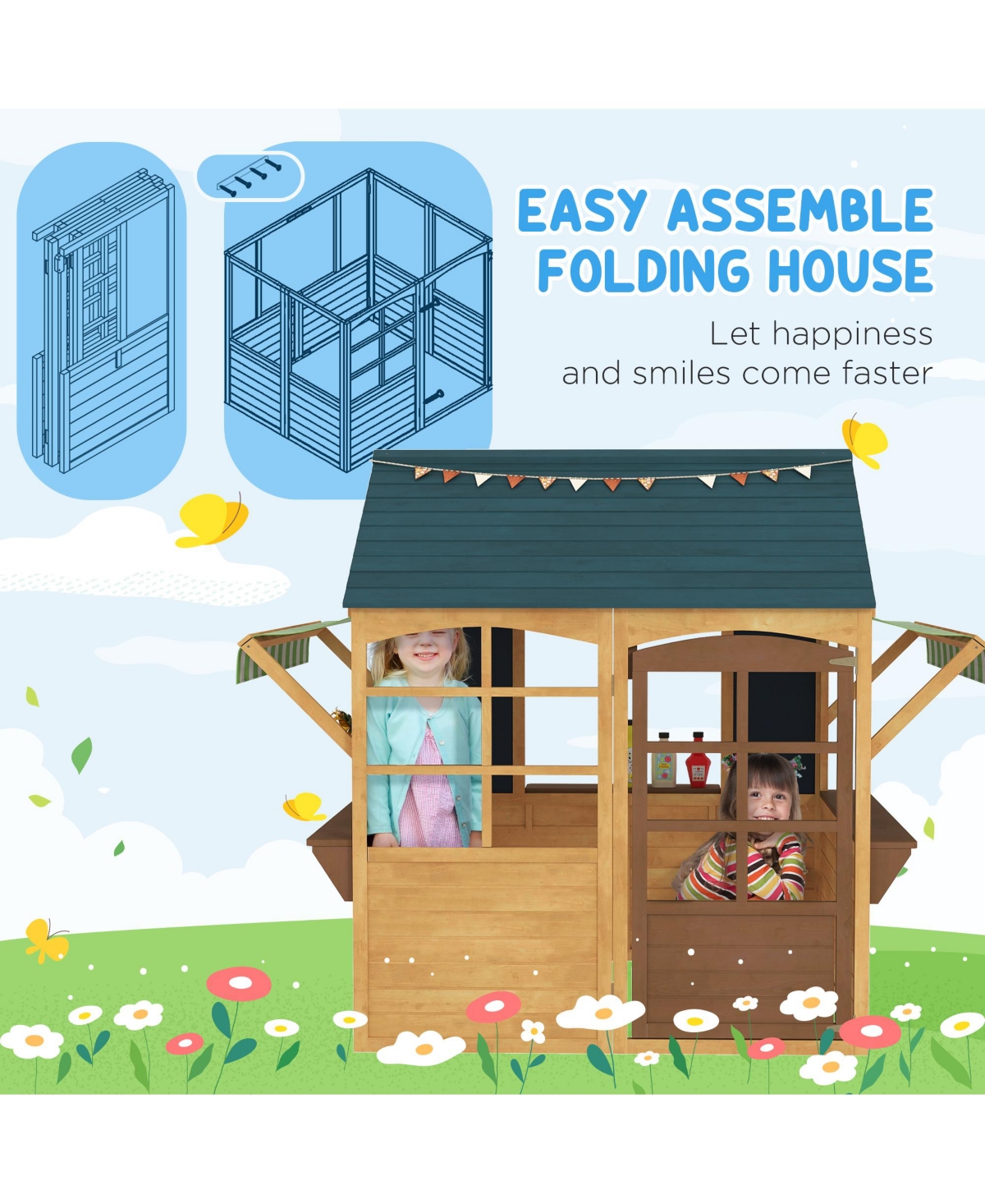 Qaba Outdoor Playhouse, Foldable Wooden Kids Cottage,