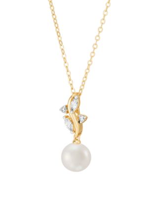 2-Pc. Cultured Freshwater Pearl (7-8mm) and White Cubic Zirconia Drop Earrings and Pendant Necklace Set in 14k Yellow Gold Over Sterling Silver