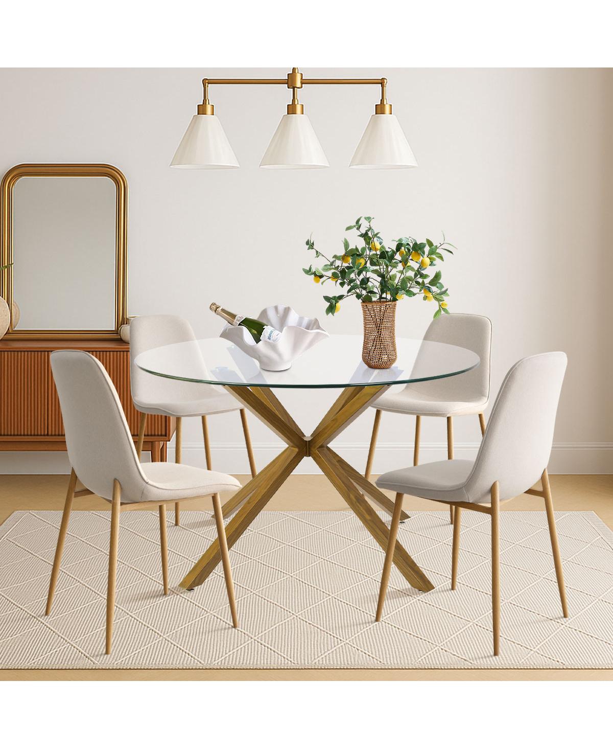 Maison Boucle 5-Piece Round Glass Dining Set, Modern Kitchen Table with Oak Finish Metal Legs and 4 Upholstered Chairs for Small Spaces