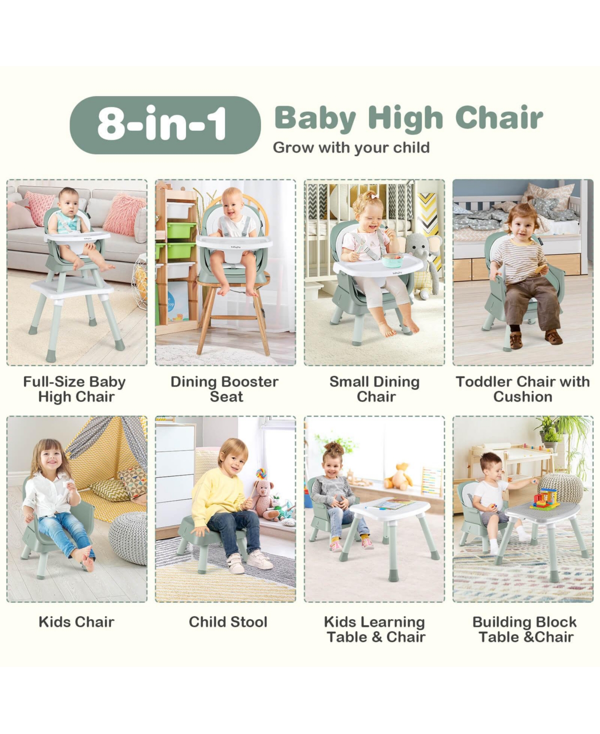 Costway Toddler 8-in-1 High Chair Convertible Dining Booster Seat w/ Removable Tray