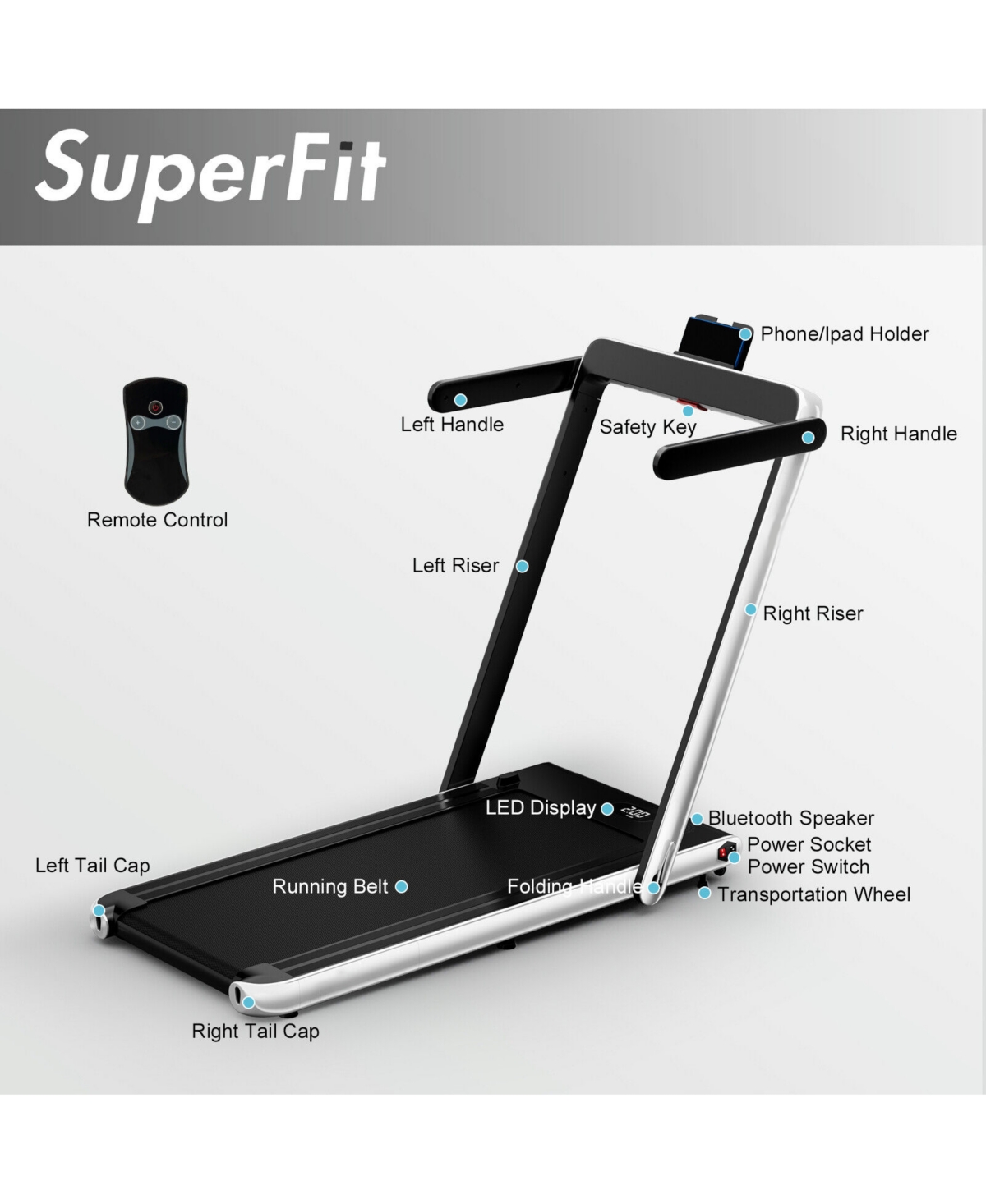 2.25HP 2 1 Folding Treadmill with App Speaker Remote Control