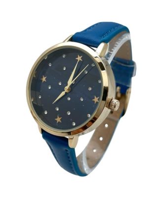 Stars and Rhinestones Faux Leather Women Watch, Blue