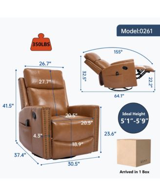 Genuine Leather Heat Massage Manual Recliner Chair with Rocker and Swivel for Living Room