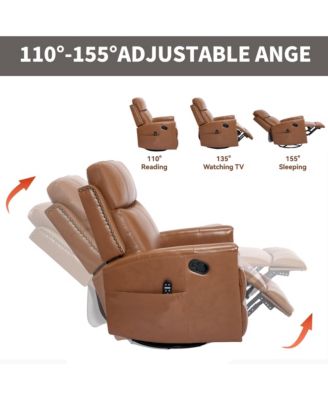 Genuine Leather Heat Massage Manual Recliner Chair with Rocker and Swivel for Living Room