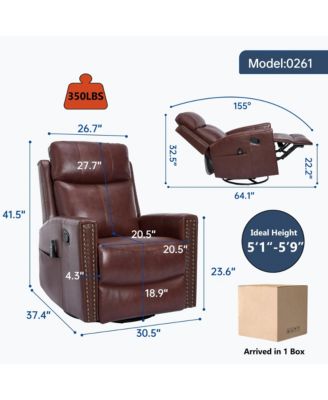 Genuine Leather Heat Massage Manual Recliner Chair with Rocker and Swivel for Living Room