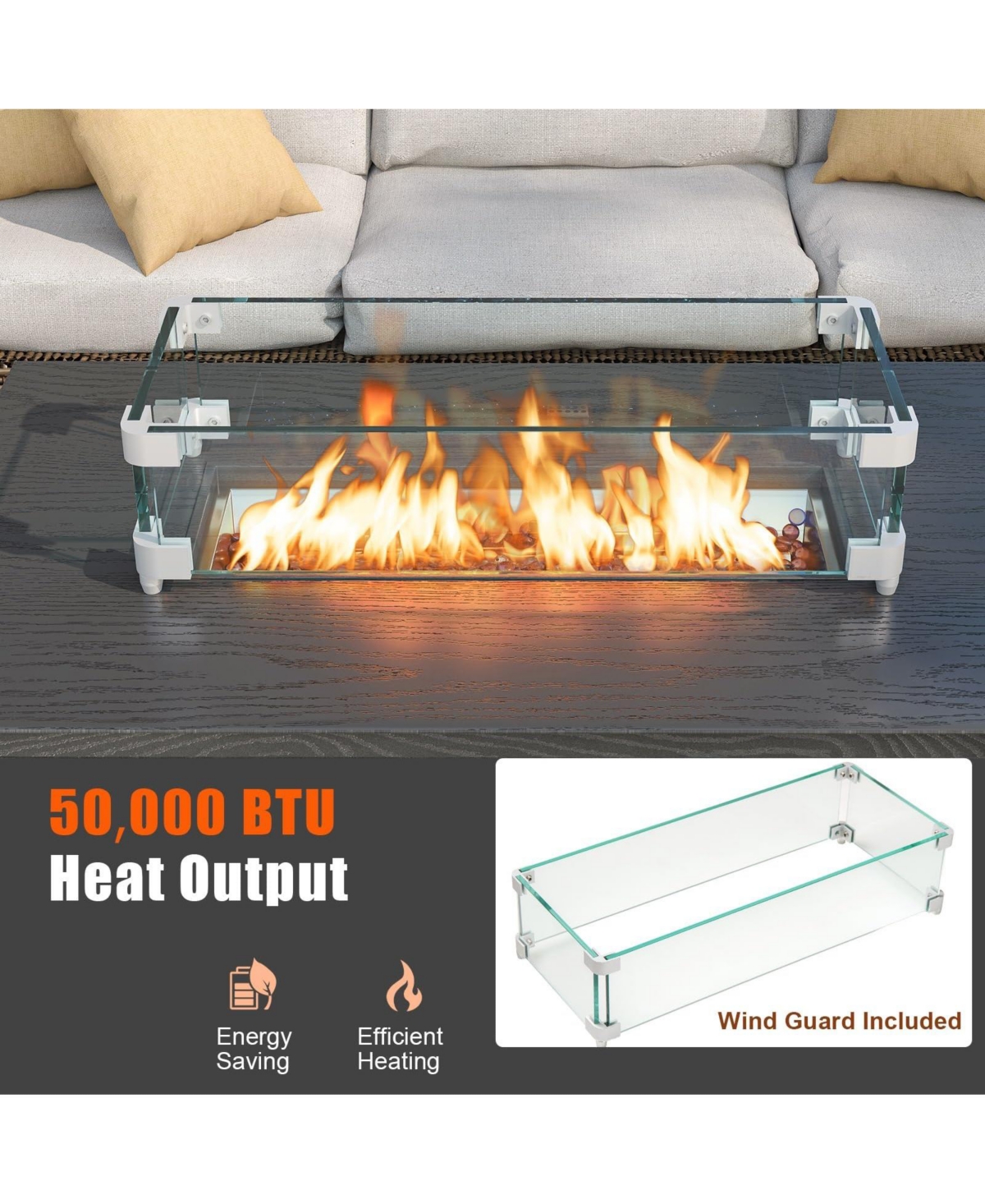 Mecale 50000 Btu 2 Inch Ropane Gas Fire Pit Table with Wind Guard and Glass Rocks