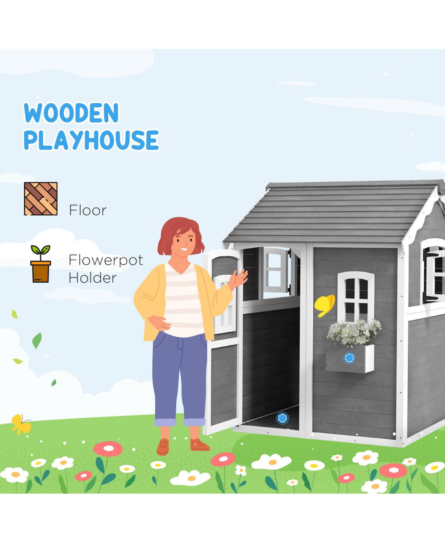 Детская игрушка Outsunny Wooden Cottage Playhouse with Floor, Ages 3-8, цвет: Серый — фото 5