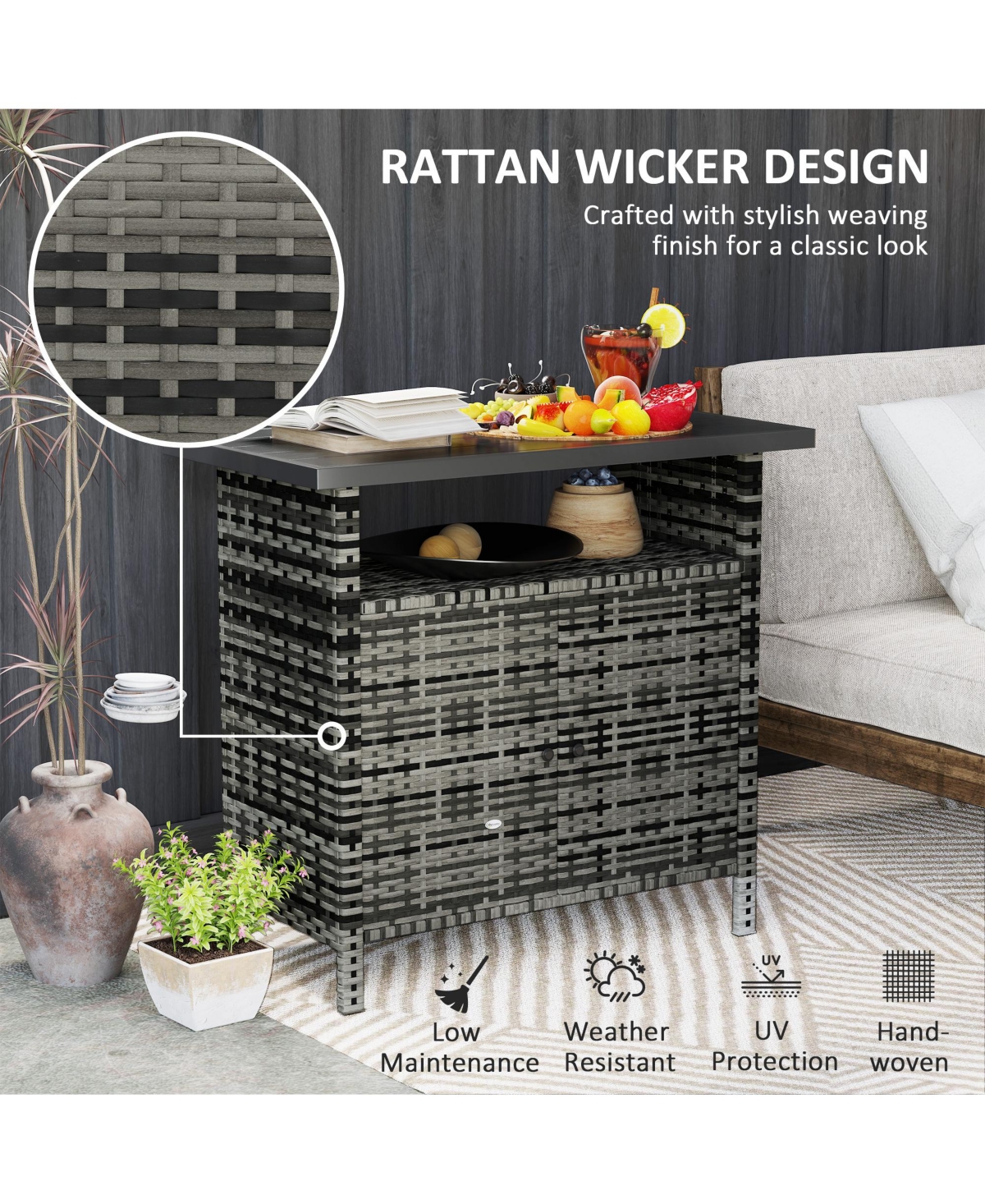 Outsunny Wicker Storage Cabinet, Outdoor Buffet Cabinet, Dark