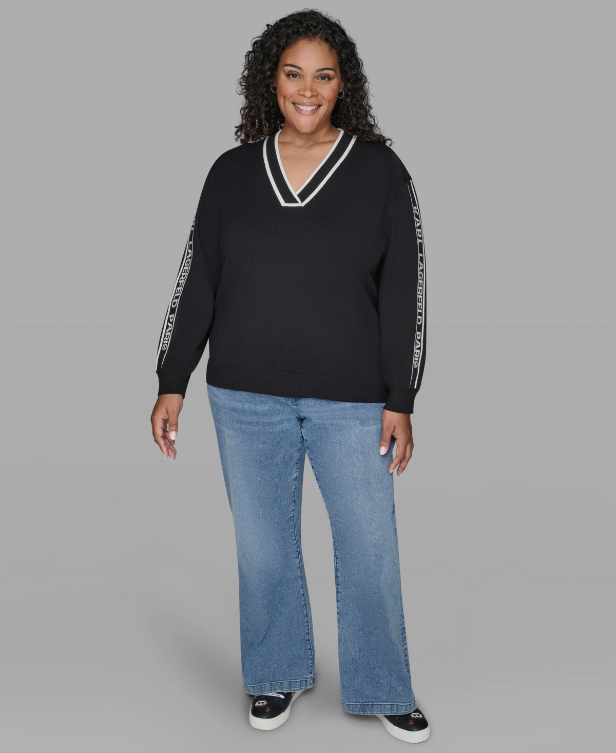 Karl Lagerfeld Plus Size V-neck Side Logo Sweater In Multi
