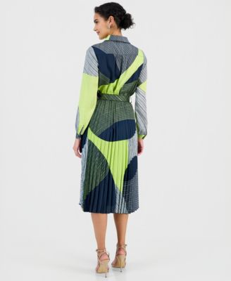 Women's Printed Belted Pleated Midi Dress