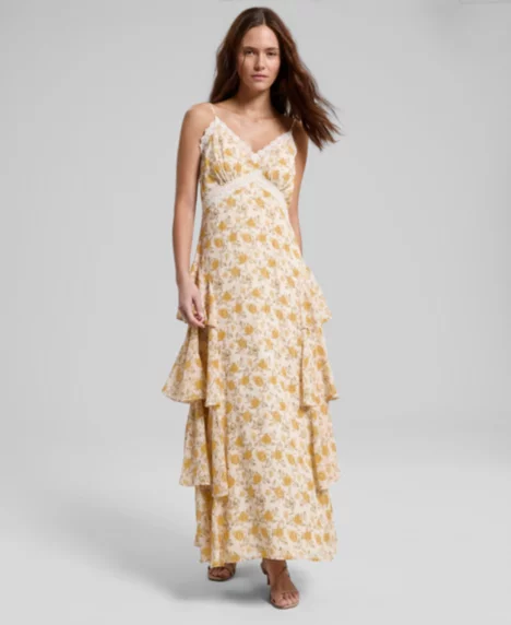 Petite Lace Trim Ruffle Maxi Dress - Yellow Floral