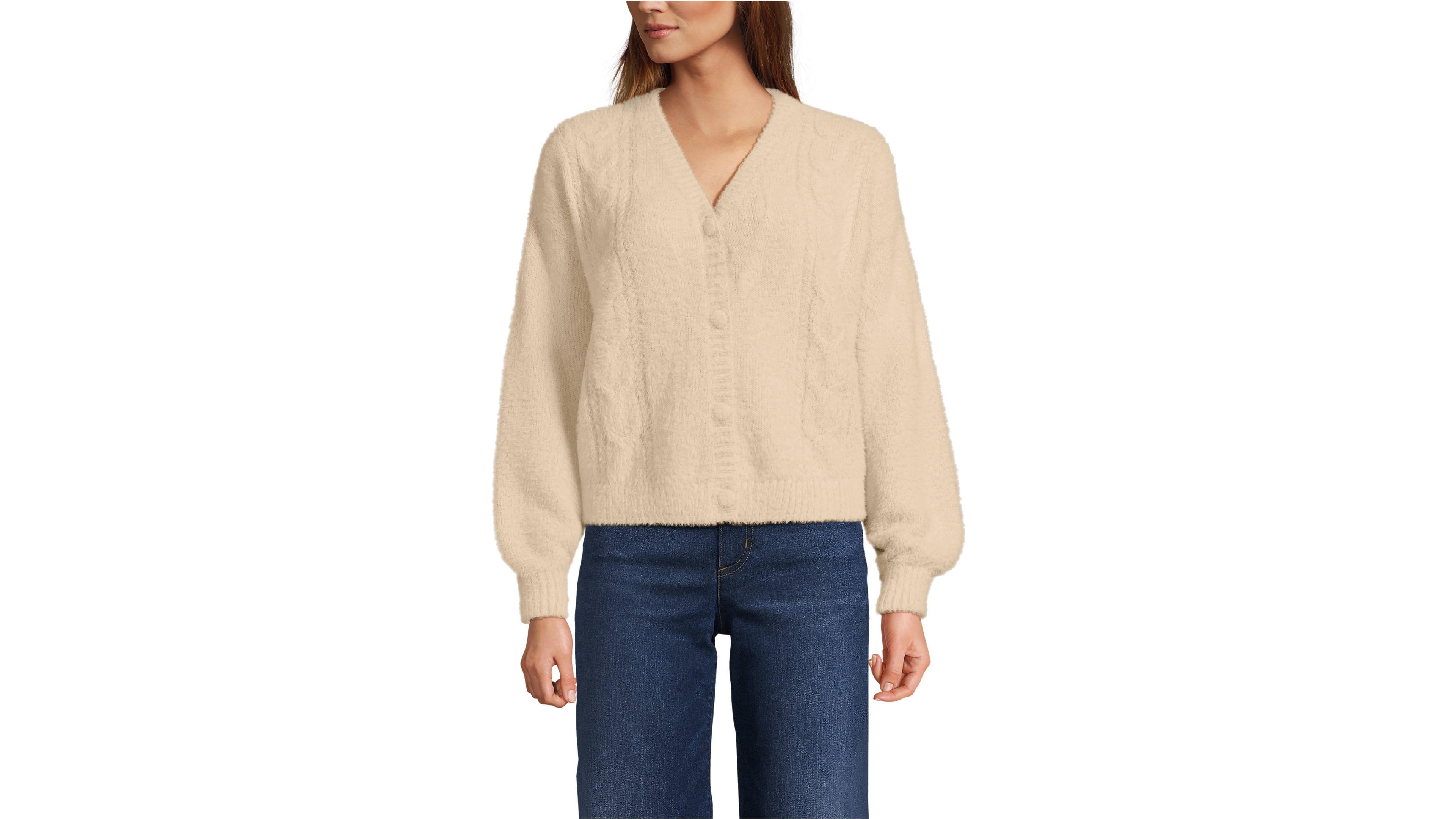Lands' End Women's Fuzzy Eyelash Cable Cardigan Sweater