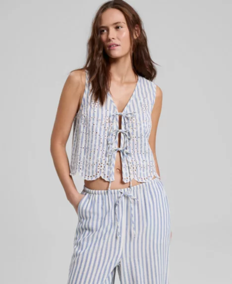 Petite Stripe Eyelet Tie-Front Top - Blue/White Stripe