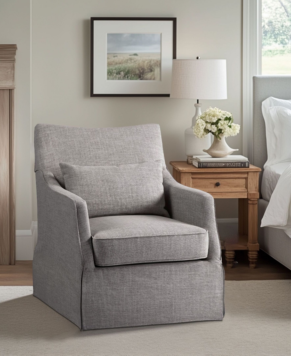 Martha Stewart Collection London 28"W Upholstered Skirted Swivel Armchair with Lumbar Pillow