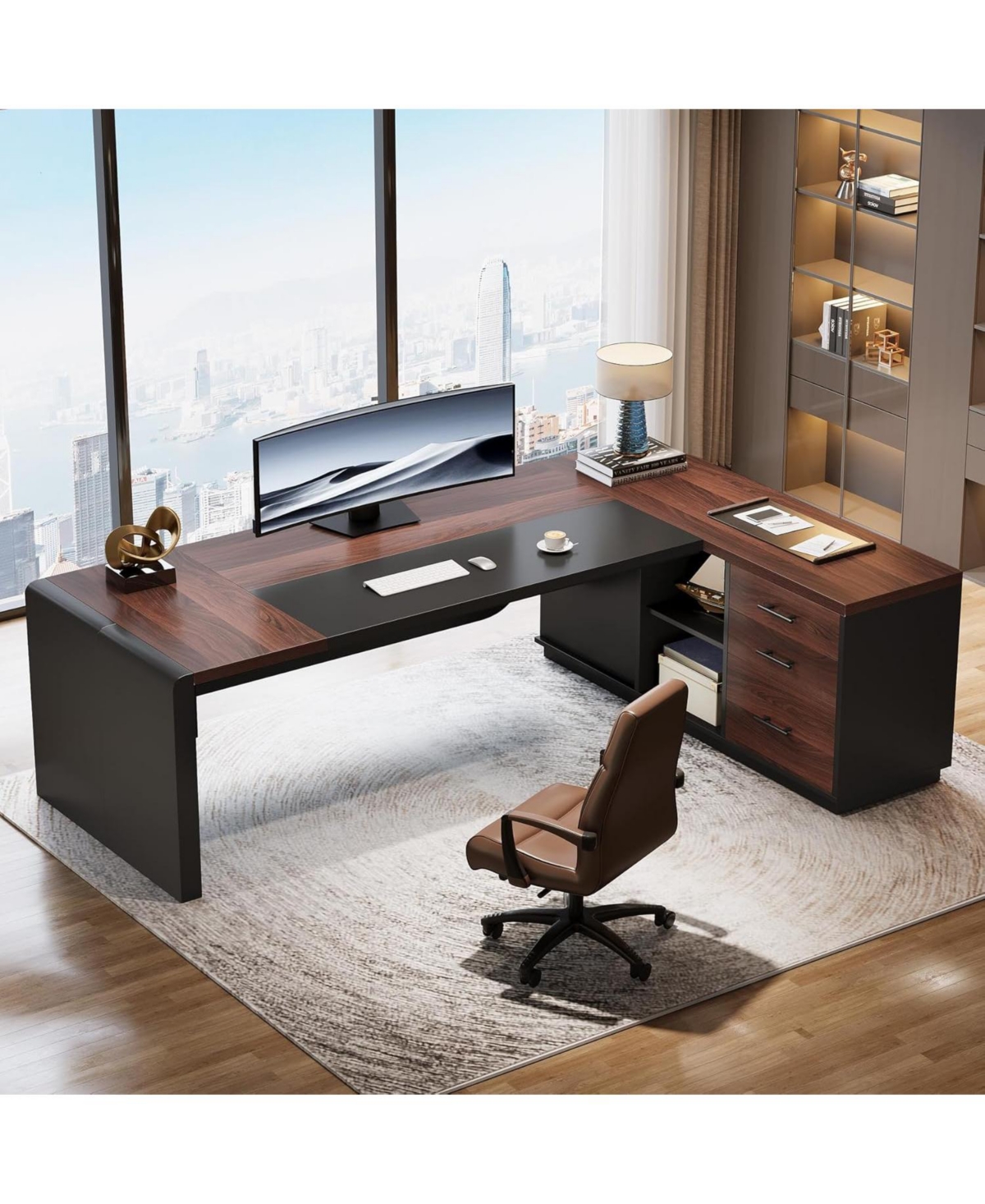 Tribesigns 80'' Executive Desk, L-Shaped Office Table with 55'' Cabinet, Large Computer Desk with Storage Drawers and Shelve