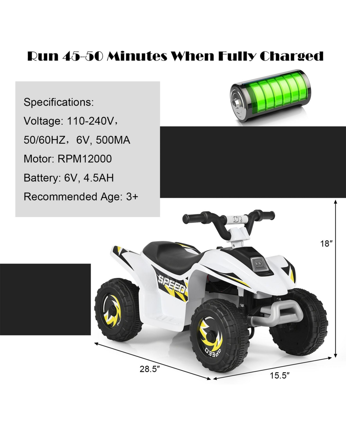 Sugift 6V Kids Electric Atv 4 Wheels Ride-On Toy-White