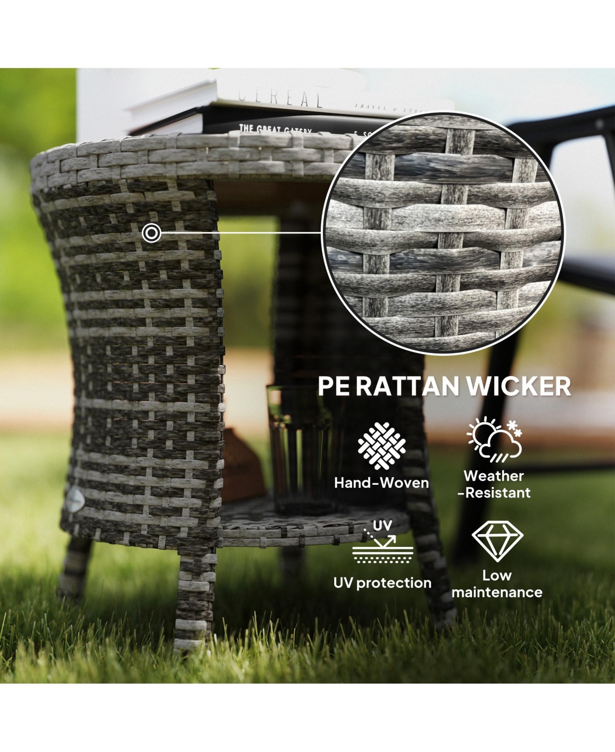 Outsunny 18" Wicker Table, 2-Tier Outdoor Side Table, Mixed