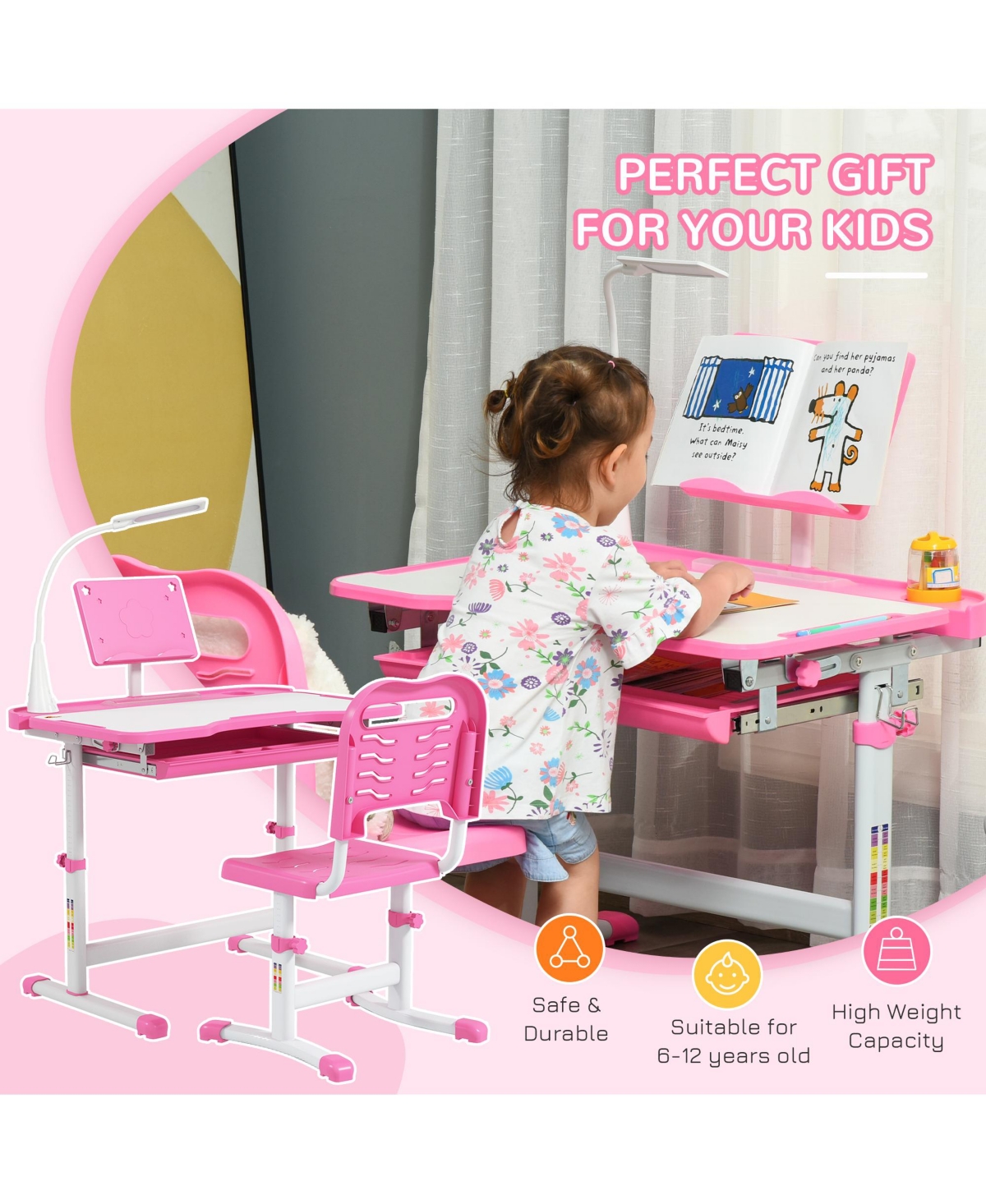 Qaba Kids Desk and Chair Set with Tilt Desktop, Storage Drawer,