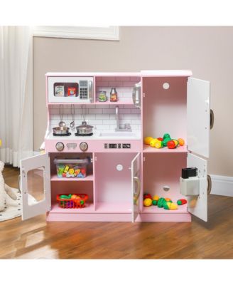 Play Kitchen, Kids Kitchen Playset w/ Play Phone & Chalkboard,