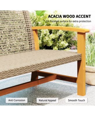 3-Seat Wicker Outdoor Couch Patio Sofa with Acacia Wood Armrests