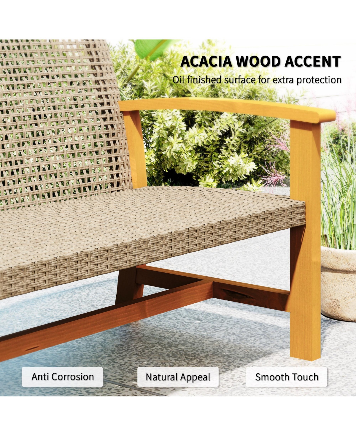 Outsunny 3-Seat Wicker Outdoor Couch Patio Sofa with Acacia Wood Armrests