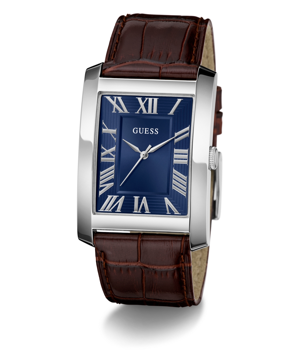 Guess Men's Silver-Tone Brown Leather Analog Watch, 34mm