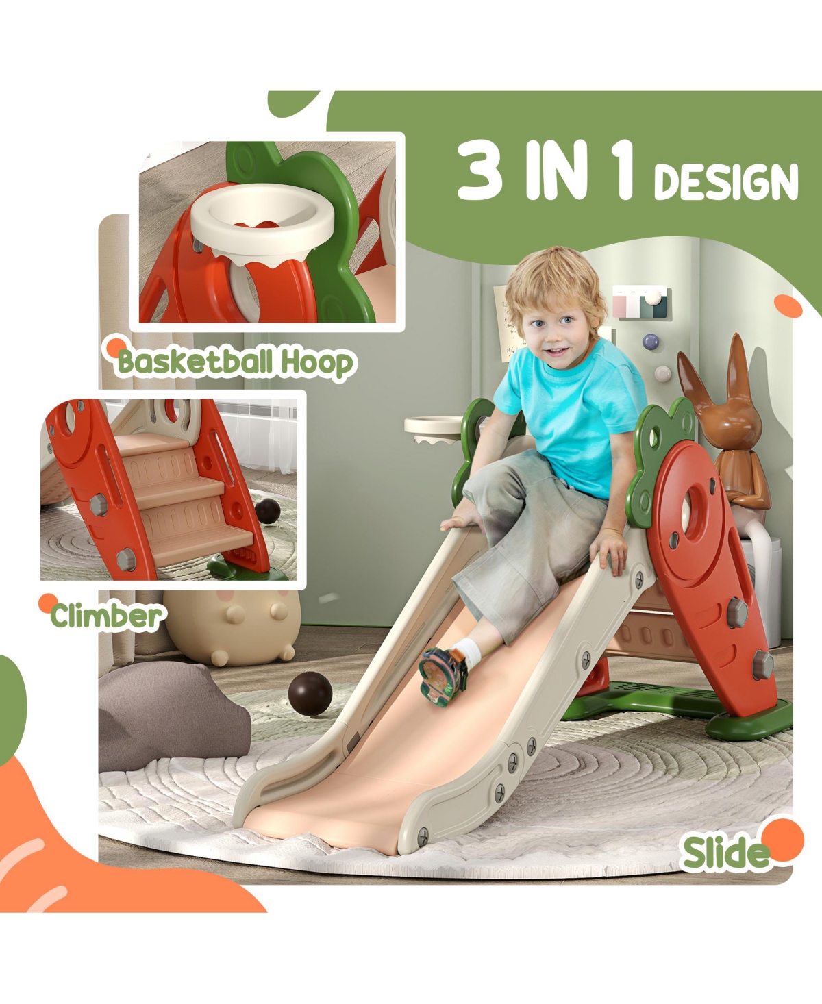 Qaba Foldable 3 in 1 Slide for Toddlers 1-3 Years with Basketball Hoop