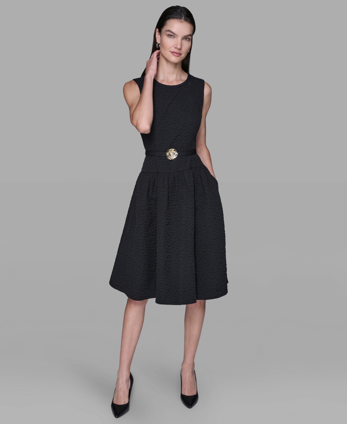 Karl Lagerfeld Paris Women's Floral Crewneck Belted Midi Dress