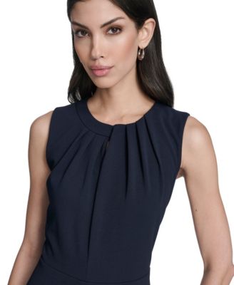 Women's Pleat Detail Crew Neck Midi Dress