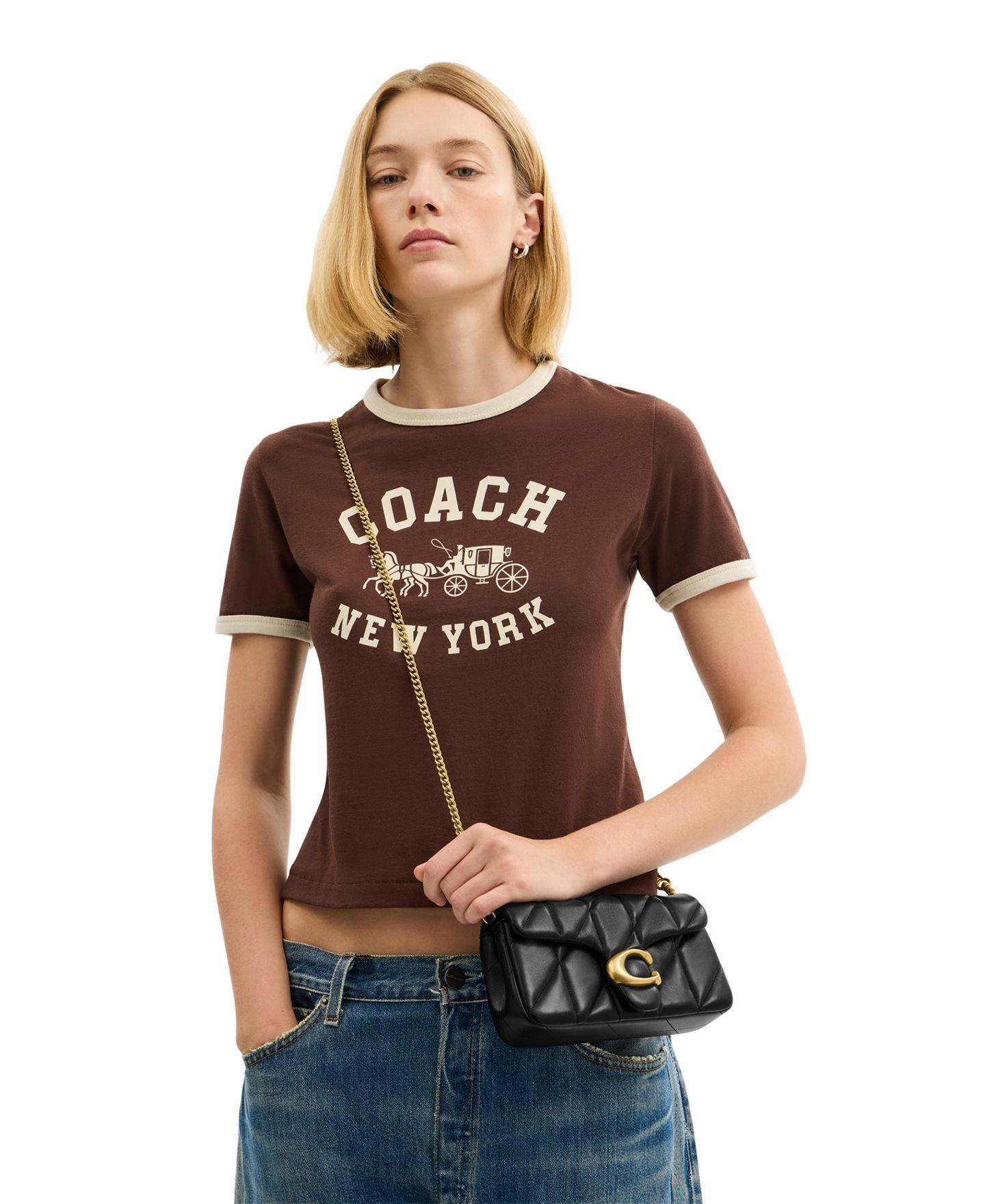 Женская сумка COACH Tabby Mini Quilted Leather Chain Crossbody 19, цвет: Латунный / Чёрный — фото 9