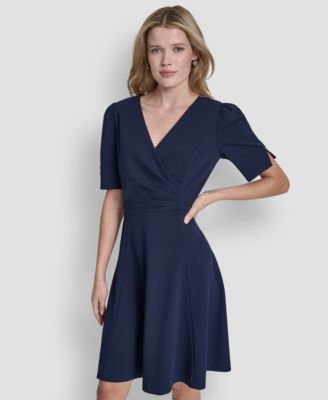 Women's Short Sleeve V-Neck Fit and Flare Scuba Crepe Dress