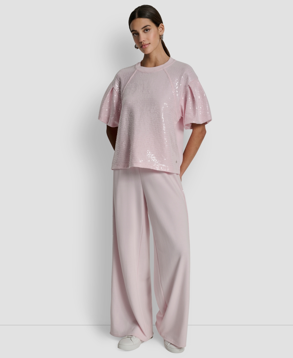 Dkny Jeans Petite Sequin Puff-sleeve Sweatshirt In Pink