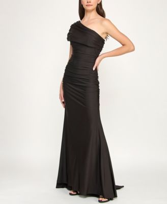 Juniors' One-Shoulder Draped Floor-Sweeping Gown