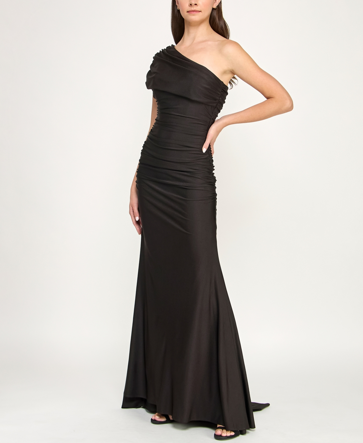 B Darlin Juniors' One-shoulder Draped Floor-sweeping Gown In Black