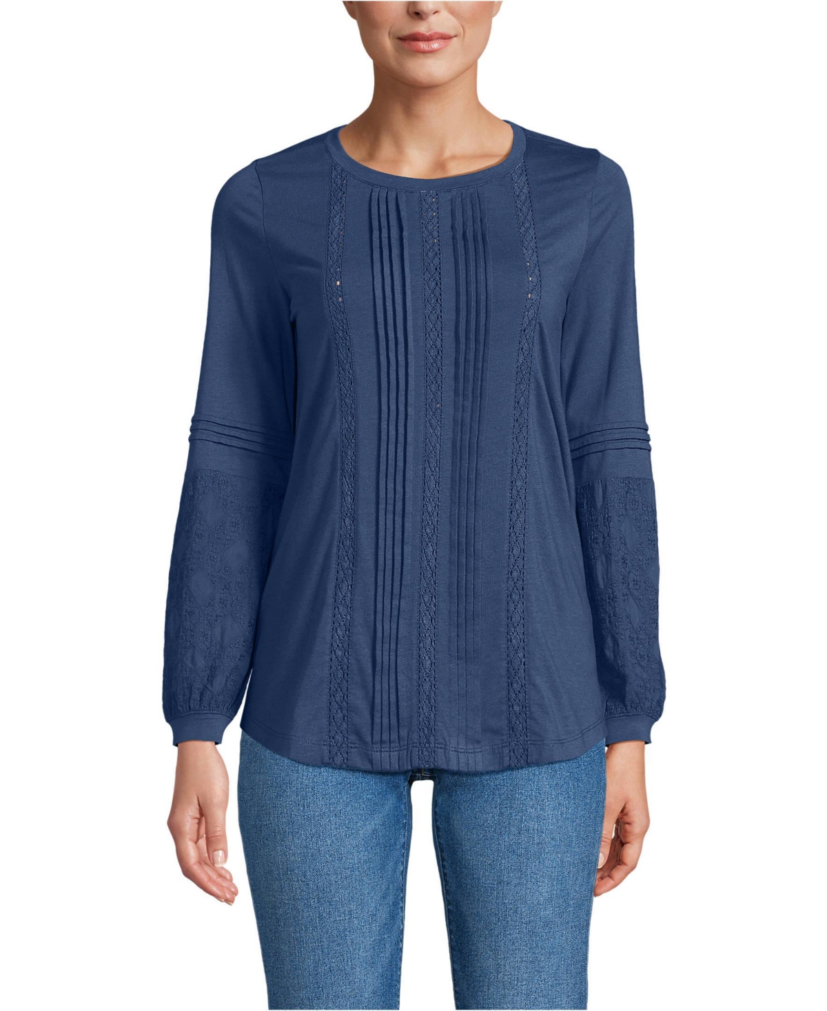Lands' End Women's Lightweight Jersey Lace Mix Long Sleeve Pintuck Top