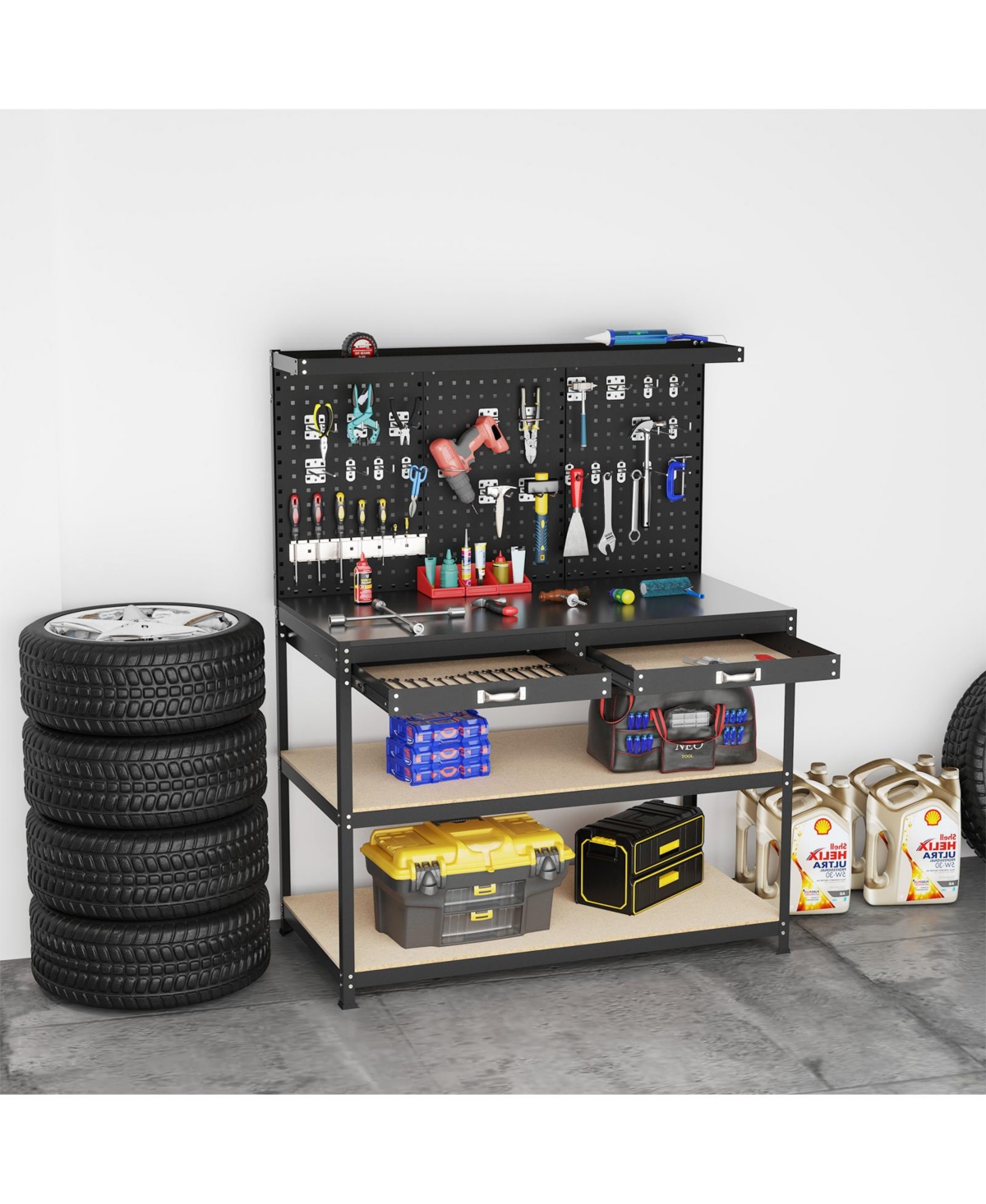 Sugift 48 x 24 Inch Workbench Work Table with 3 PCs Pegboard Drawer and Shelves