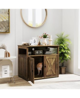 Cat Litter Box Enclosure with Double Barn Doors, Divider, Side Entry and Storage Shelf