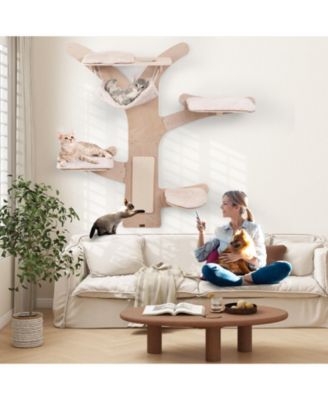 Wall-Mounted Cat Tower with Hammock Platforms and Sisal Scratching Mat