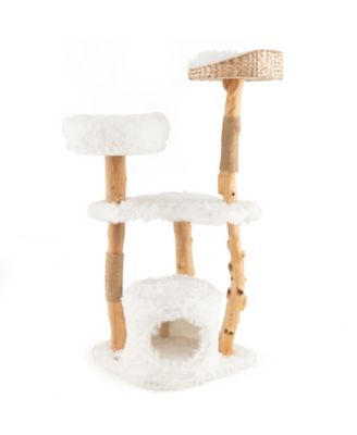 Solid Wood Cat Tower with Top Cattail Basket Cat Bed for Indoor Cats