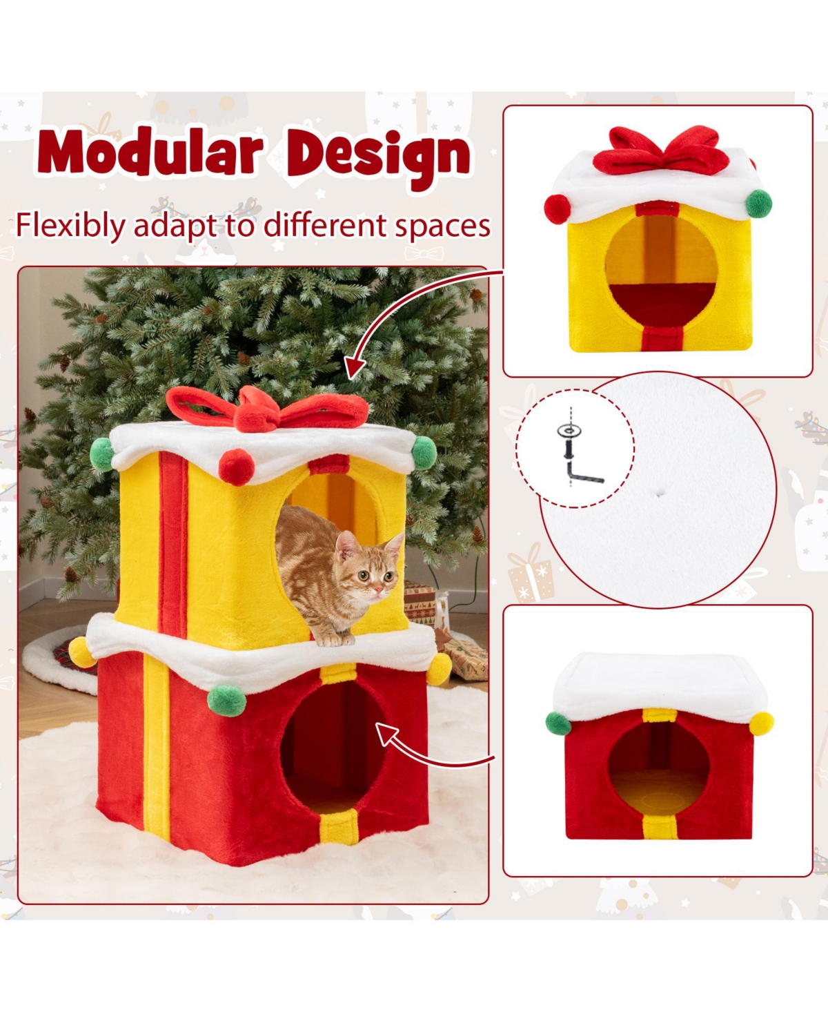 Skonyon 2 Gift Box Shaped Cute Christmas Cat House with Bow