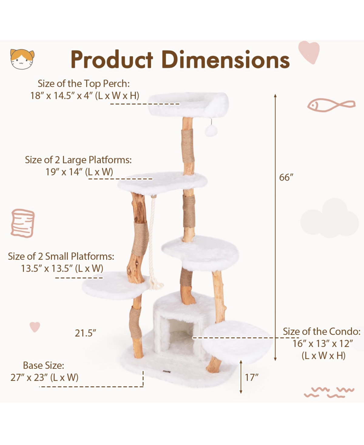 Skonyon 66 Inch Tall Solid Wood Cat Tree Modern Wooden Cat Tower with Perch