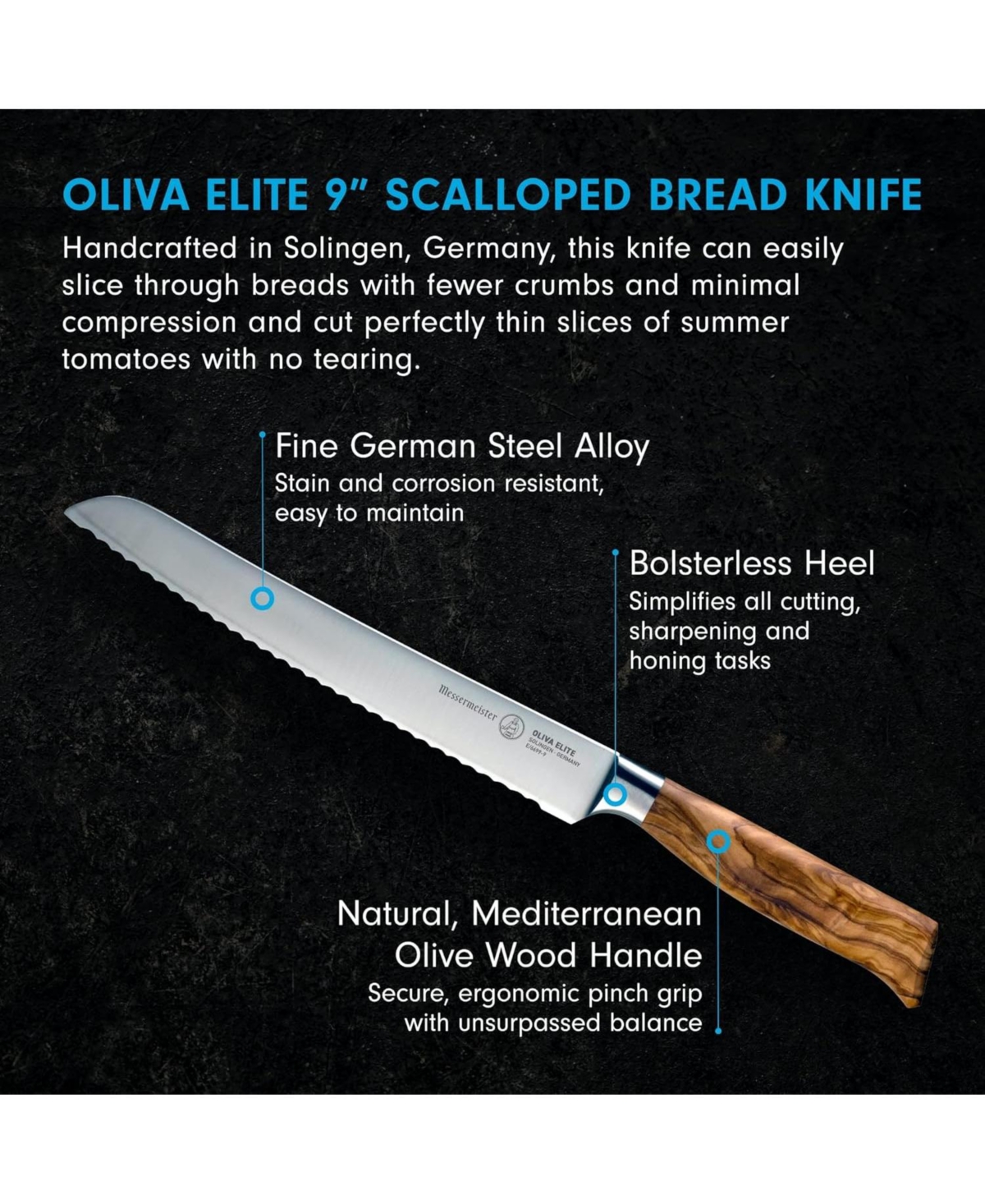 Messermeister Oliva Elite Scalloped Bread Knife / 9"