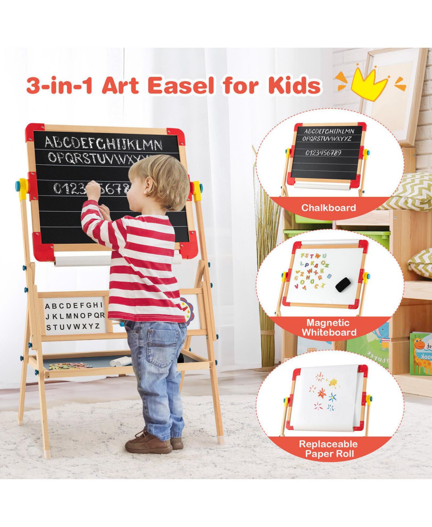 Детская игрушка SUGIFT 3-in-1 Wooden Adjustable Art Easel with Drawing Paper Roll, Ages 3+, цвет: Коричневый — фото 9