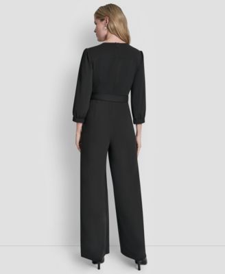 Women's 3/4 Sleeve Wide Leg Exposed Zipper Jumpsuit