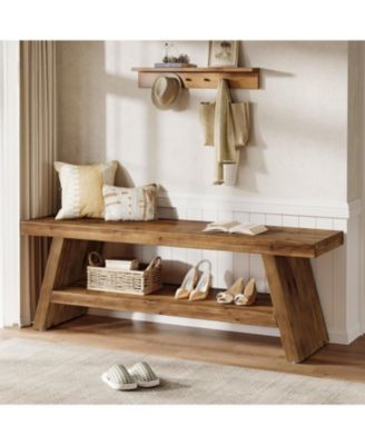 2-Tier Entryway Bench, Hallway Foyer Solid Wood Seating with Open Shelves