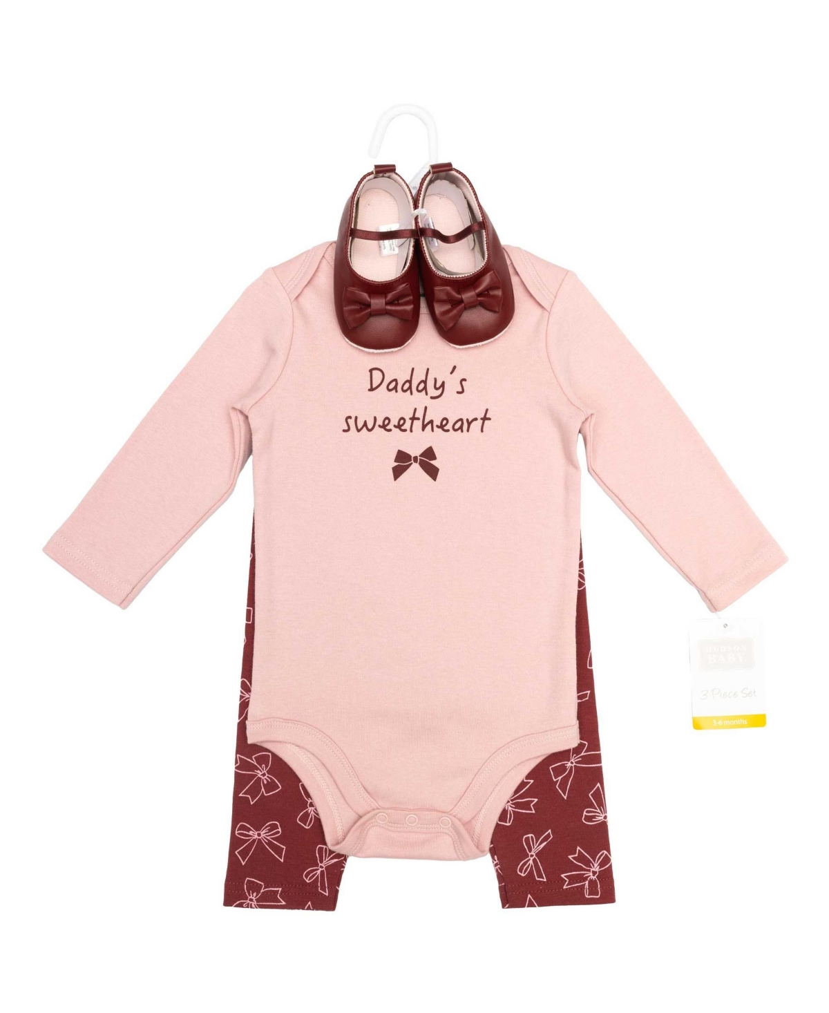 Hudson Baby Girls Cotton Bodysuit, Pant and Shoe Set, Sweetheart Bows, 9-12 Months