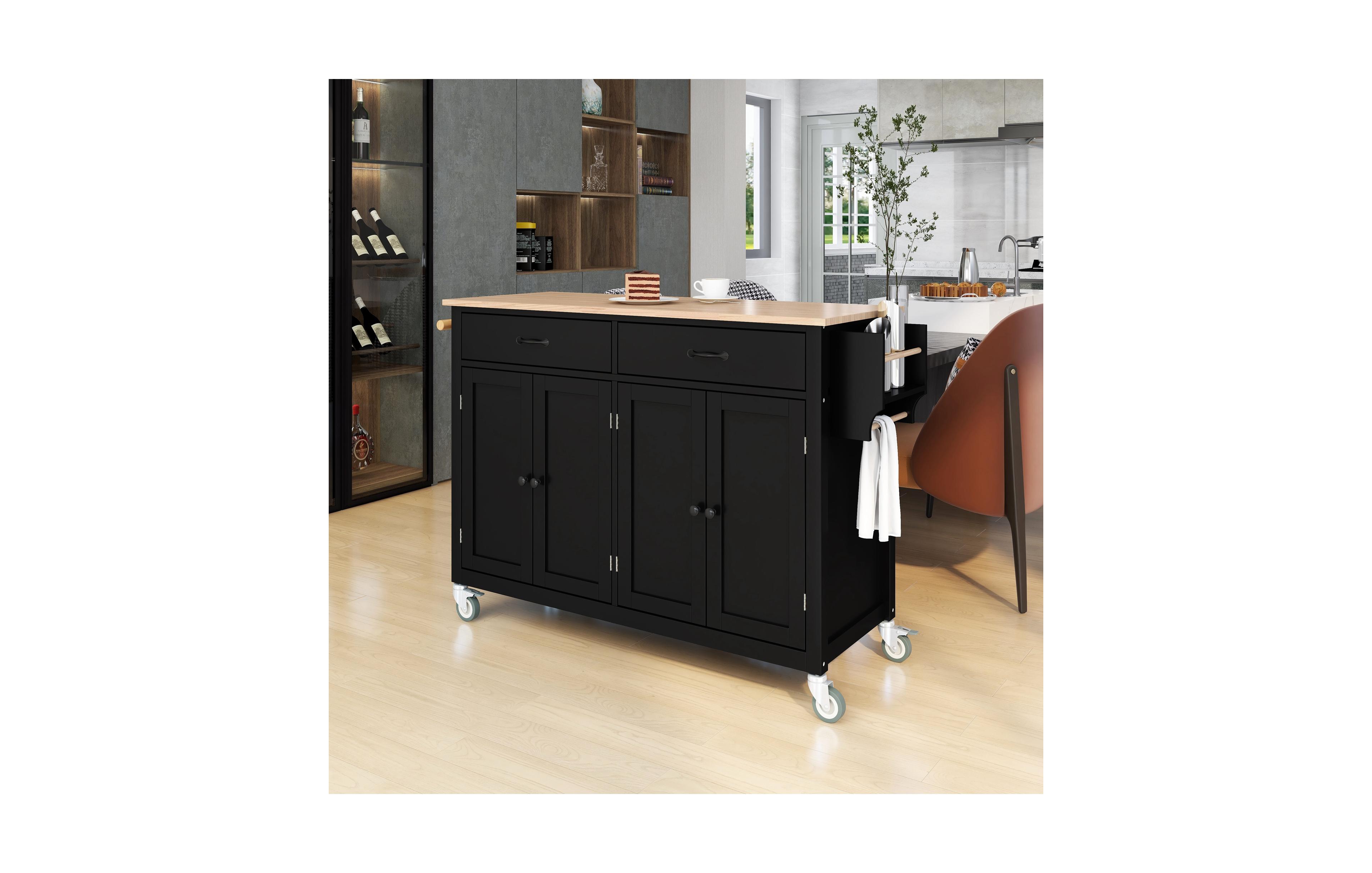 sumyeg 54.3inch Kitchen Island Cart with Solid Wood Top, Locking Wheels, 4-Door Cabinet, Two Drawers, Spice Rack and Towel for Dining Room