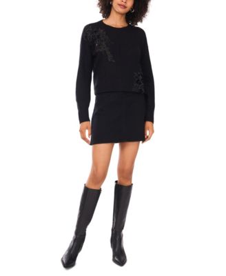 Women's Crewneck Embellished Sequin Floral Long-Sleeve Sweater