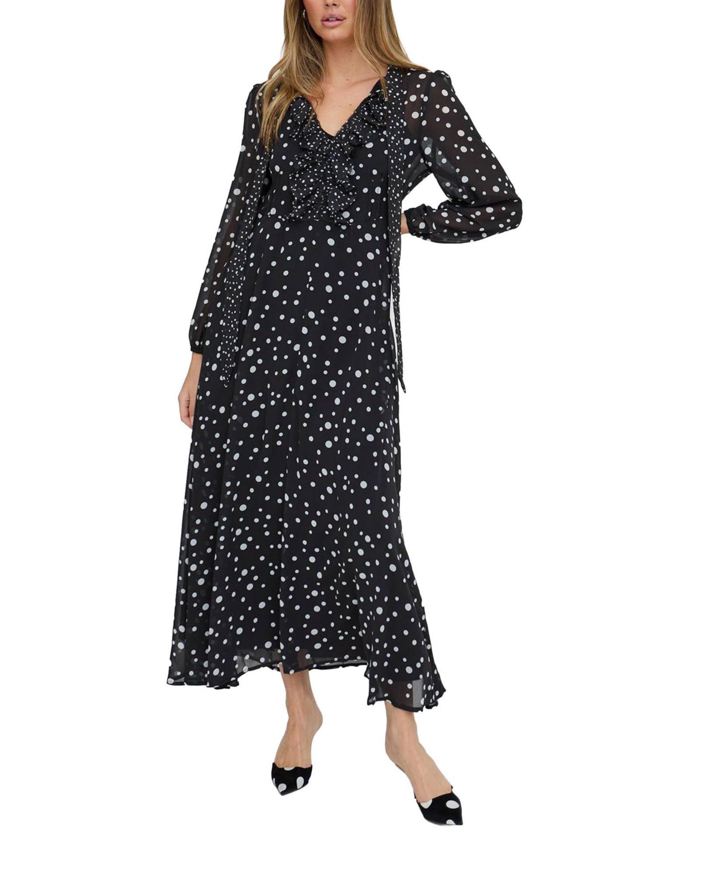 Женское платье Lily and Lionel London Margot Ruffle Neck Spot Print Maxi, цвет: Чёрный — фото 1