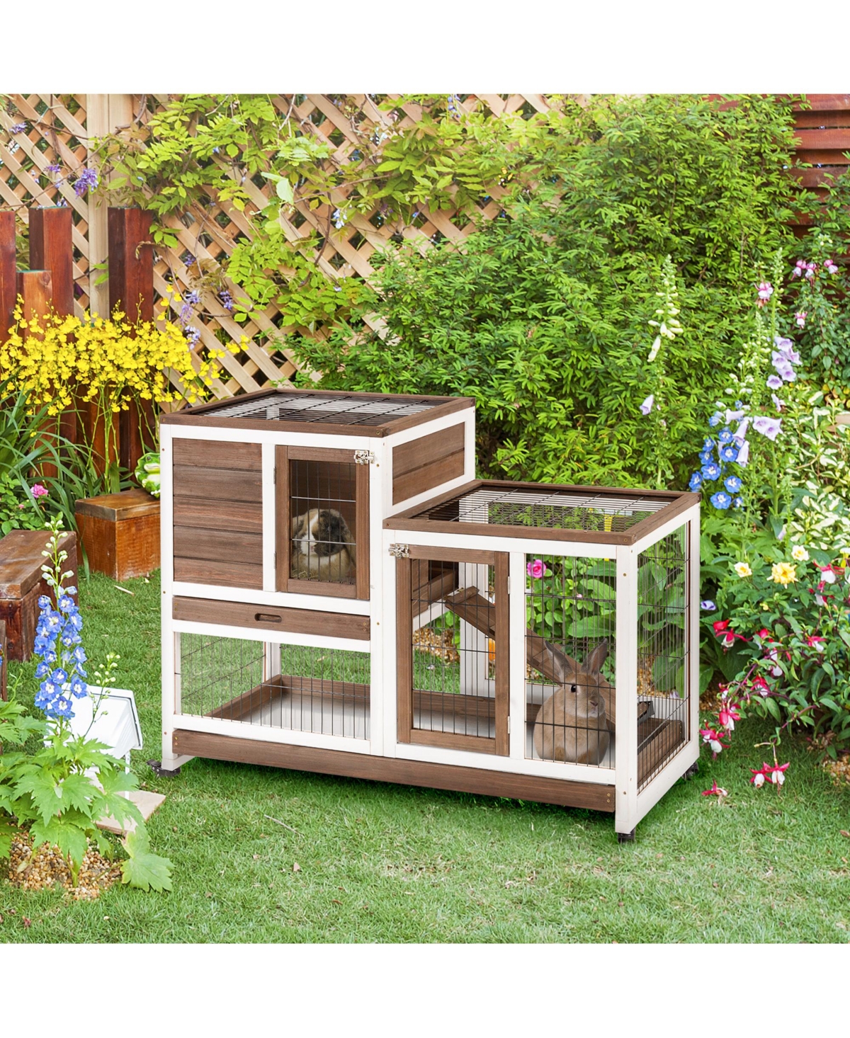 PawHut Rabbit Hutch Bunny Cage Indoor Small Animal House w/ Run Pull Out Tray